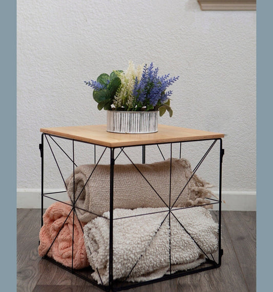 Farmhouse storage table, blanket basket end table country decor farmhouse style