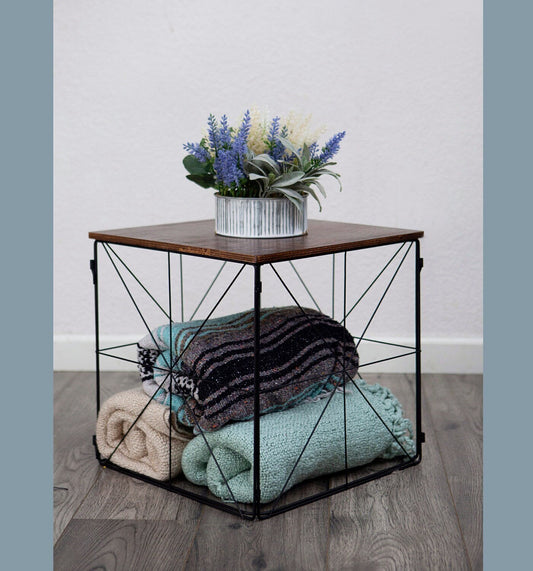 Blanket Basket Side Table End Table for Small Spaces Farmhouse Table